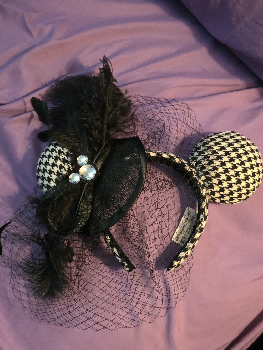 Disney Ears Black & White Houndstooth Veiled Headband Fascinator